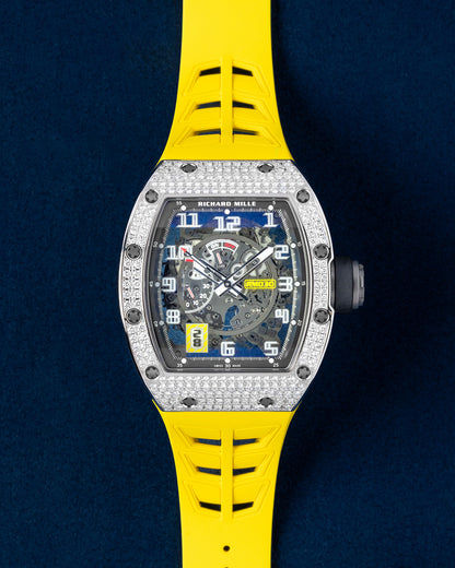 50mm White Gold Richard Mille RM030 Yellow Rubber Strap Diamond Bezel Watch
